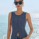 Kate Kasin Women Summer Going Out Tank Tops Y2K, Button Up Sleeveless Top, Ribbed Knit Sweater Vest Trendy (XL)