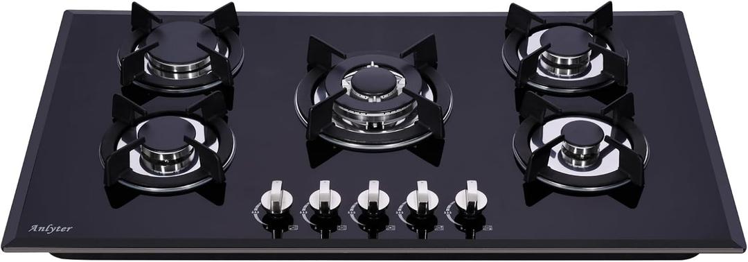 36 Inch Gas Cooktop, Tempered Glass 5 Burners Stovetop Built-in Dual Fuel Gas Stove Top NG/LPG Convertible Gas Cooktop