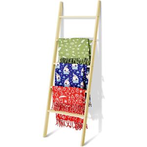5-Tier Blanket Ladder Wooden, Non-Folding 4.8FT(57.5'') Blanket Towel Holder Rack Decorative Ladder, Easy Assembly, Rustic Farmhouse Ladder Shelf for The Living Room Bedroom Home Decor, Unfinished