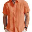 Mens Linen Shirts Short Sleeve Button Down Shirt Casual Cuban Guayabera Lightweight Summer Beach Solid Tops Bright Orange, Size M