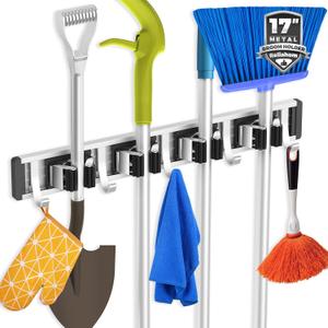 Broom Holder Wall Mount Mop and Broom Hanger Wall Mounted Garage Storage Rack Kitchen Garden Tool Organizer (4 Racks with 5 Hooks, Black) (1 Pack 4R5H)