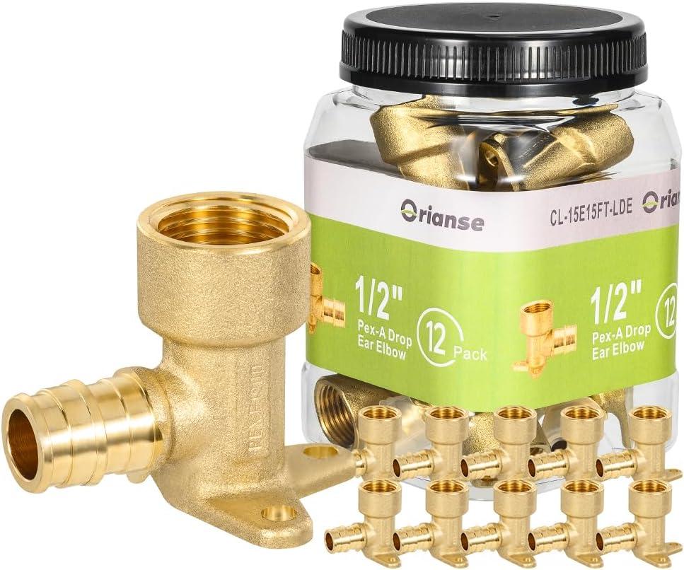 12 Pack Orianse 1/2" Brass Cold Expansion Drop Ear Elbow,1/2" PEX-A x 1/2" NPT Female Threaded Pex-A Fittings for For Pex Pipe connection, NSF/ANSI 61 NSF 372 Certificate, ASTM F1960 Certified