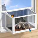 Cat Window Box Catio, Outdoor Indoor Cat Enclosure with Clear Panels, Mesh Sides & PVC Curtain, Universal Window Perch for Windows 25"43", Window Catio for Sunbathing, Napping & Overlooking,Walnut