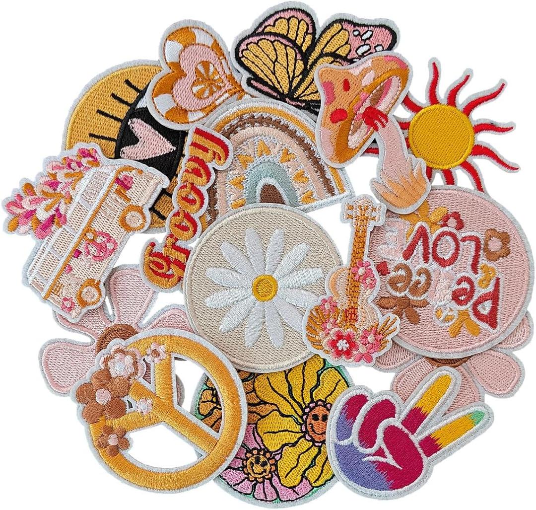 AXEN 16pcs Golden Iron on Patches, Assorted Cute Decorative Patches Embroidered Applique for Clothing, Jackets, Hats, Backpacks, Jeans