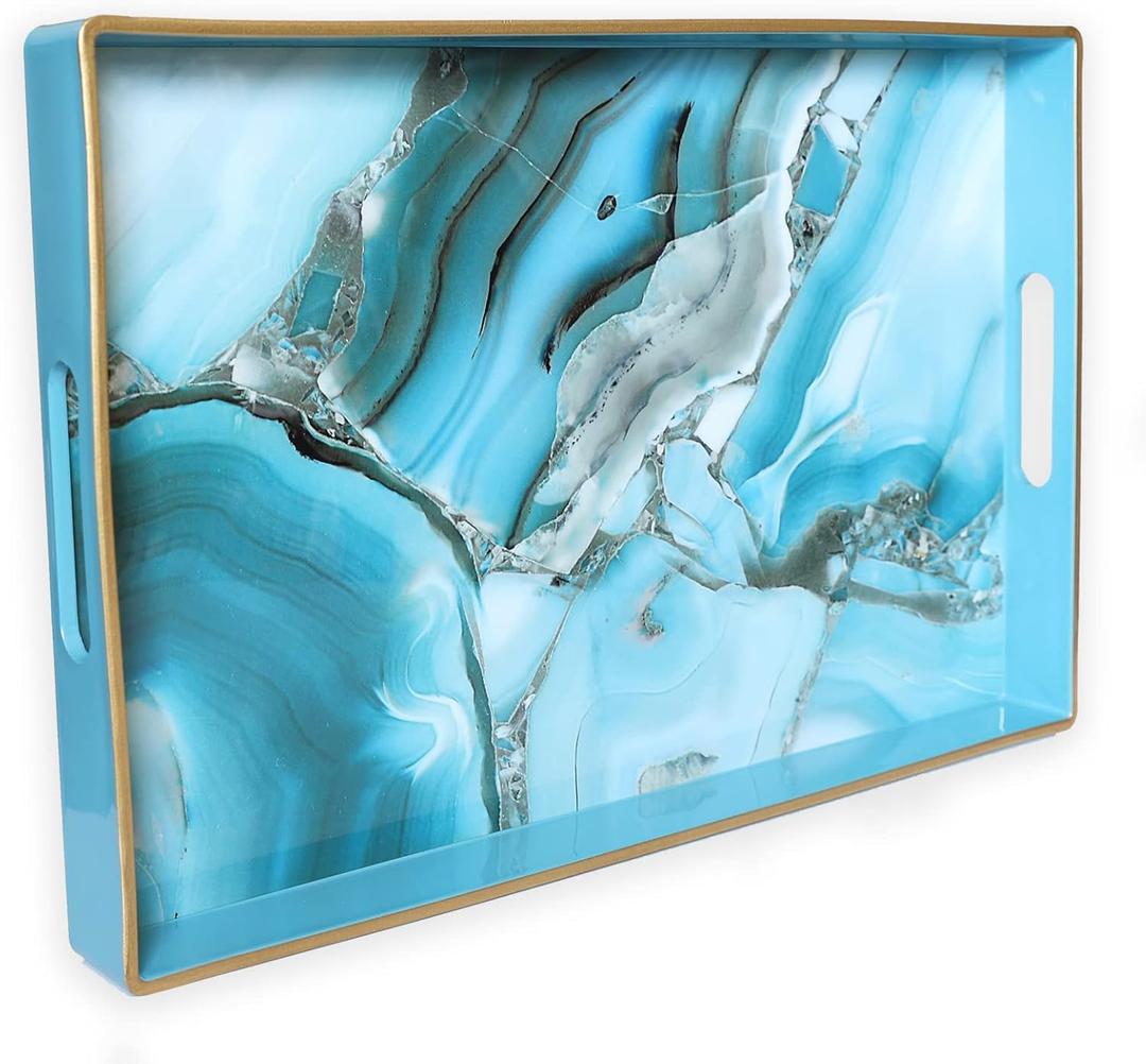 Spsyrine Decorative Tray, Plastic Marble Serving Tray with Handles for Breakfast, Ottoman, Coffee Table, Bathroom, Kitchen, Living Room 15.6 X 10.2" (Marbel Rectangular)