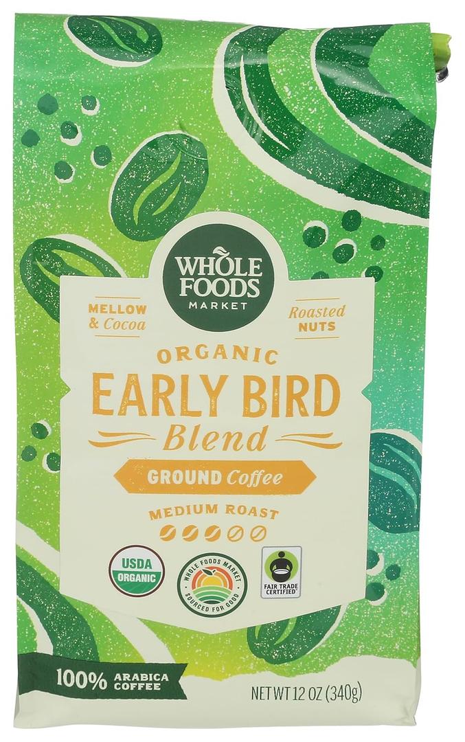 Whole Foods Market, Organic Early Bird Blend, Medium Roast Ground Coffee, Cocoa & Roasted Nuts, 12 Ounce BBD: 05-03-26
