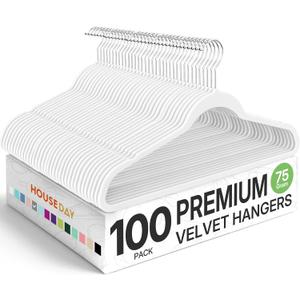 HOUSE DAY Premium Velvet Hangers 100 Pack White, Non-Slip Flocked Felt Hangers, Sturdy Clothes Hanger with 360 Rotatable Hook, Heavy Duty Durable Slim Coat Hanger for Closet Space Saving