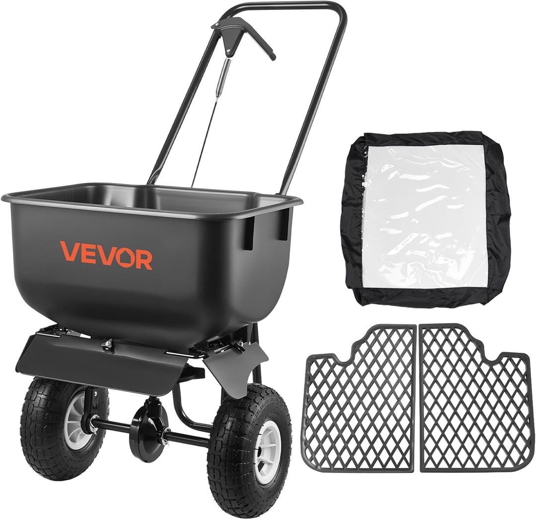 VEVOR Push Lawn Spreader 80 lbs Capacity Walk-Behind Broadcast Spreader | for Garden Care, 12 ft Spreading Width & 15 Adjustable Settings, 10 in All-Terrain Tires for Seed Fertilizer, Salt Ice Melt