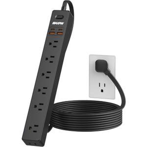 6 Ft Power Strip Surge Protector - 7 Outlets 4 USB Ports (2 USB C), Ultra Thin Flat Extension Cord & Flat Plug, 1700 Joules, Wall Mount, Desk Charging Station for Home Office Dorm, Black