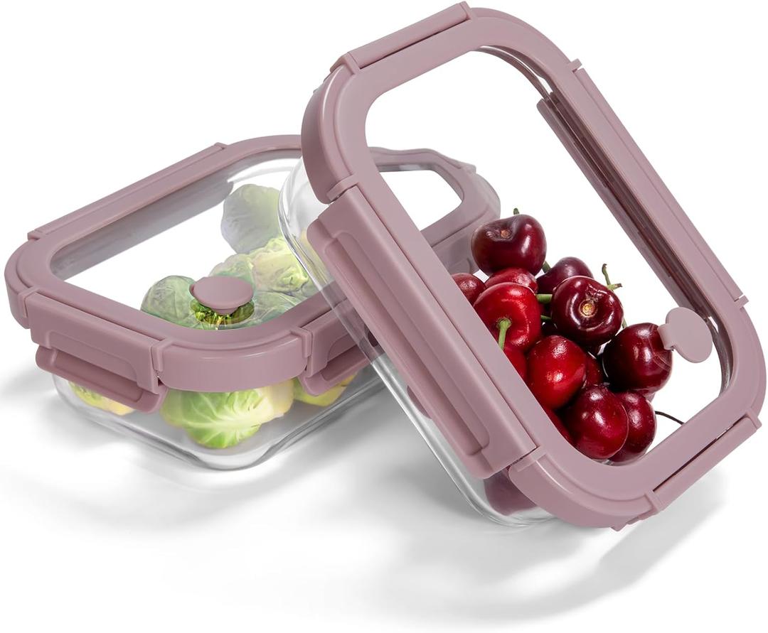 2-Pack Glass Food Storage Containers with Tempered Lids (21.3oz/2.7cup) - Airtight Snap Lock, Microwave & Oven Safe (-4~ 950F), Freezer to Baking Dish, BPA-Free, Gift Box (Pink)