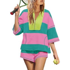 Yanekop Womens 1 Piece Outfits Summer Striped Workout Matching Lounge Short, M 