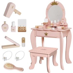 Girls Makeup Table with Mirror and Chair, Kids Toy Dressing Table with Storage Drawer, Pretend Play Baby Vanity Set with 9 pcs Multiple Make up Accessories (Extra)