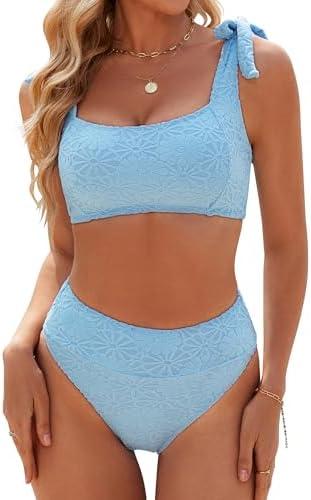 Blooming Jelly Womens High Waisted Bikini Set Tie Strap Jacquard Terry Cloth 2 Piece Swimsuit Modest Cute Retro Bathing Suit, Large,  Skjy Blue 