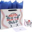 wishinside 13” Large Baseball Happy Birthday Gift Bag Set with Handles, Greeting Card, Tissue Papers and Stickers for Boys Kids Teens, Sport Themed Birthday Design, 1 Pcs