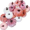 Winlyn 16 Pcs Assorted Artificial Velvet Pumpkins Blush Coral Pink Peach Cream Decorative Fabric Foam Pumpkins for Fall Wedding Baby Shower Thanksgiving Pastel Halloween Wreath Table Dcor