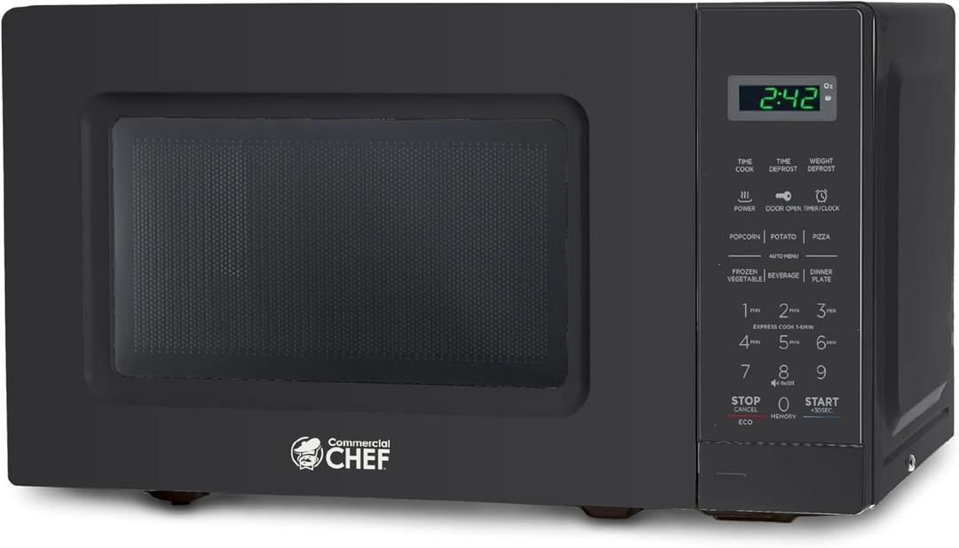 Commercial Chef 0.7 Cu. Ft. Countertop Microwave Oven, Touch Controls with Digital LED Display, 700W Small Microwave with 10 Turntable Plate, Push Button Door, 10 Power Levels, CHM7MB, Black