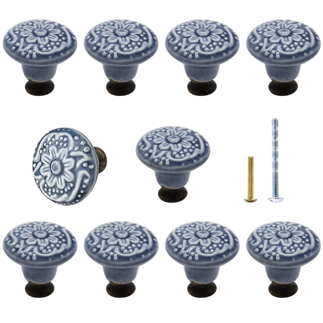 Bivethoi 10PCS Blue Cabinet Knobs - 1.3 Inch / 34mm Ceramic Decorative Drawer Pulls, Retro Vintage Cupboard Wardrobe Door Knobs