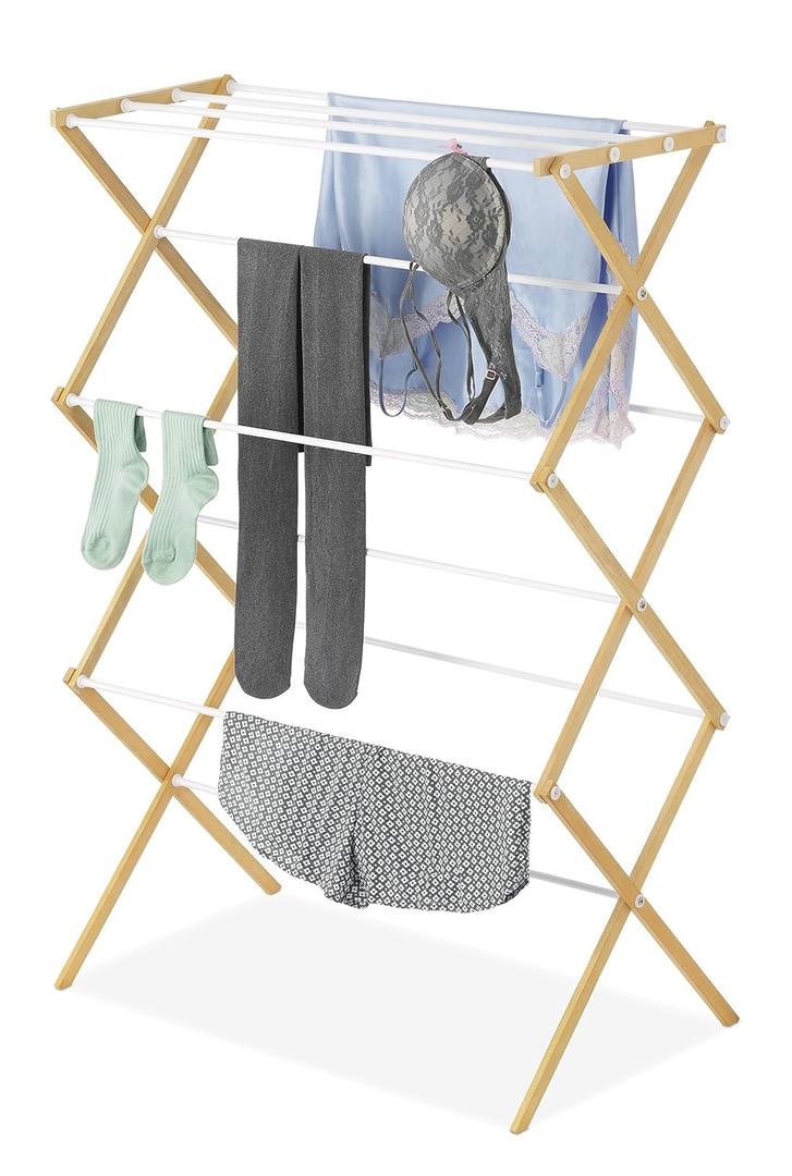 Whitmor Foldable Clothes Drying Rack: 3 Tier Laundry Drying Rack, Collapsible Drying Rack Clothing, Portable Space Saving Clothing Rack for Indoor Outdoor, 17.0 L x 29.5 W x 43.5 H, Wood