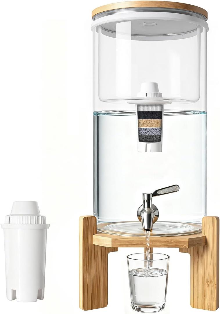 water filter dispenser Countertop water purifier System 3.1 Gallon Glass water filter with Wooden Stand and 1 Filters for Home and Office
