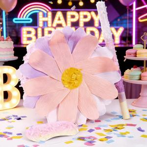 Flower Piata Set with Stick and Blindfold, 13.4 x 13.4 in Pink Purple Floral Piata for Girls Birthday Party, Flower Theme Birthday Decorations Party for Kids