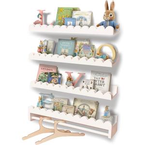 Tots & Pals Upgraded Thick Nursery Book Shelves Wall Mounted  4-Pack Floating Shelves with Upgraded Hanging Rod for Baby Room Organization, Parent-Installed Display for Books, Toys & Clothes (White)