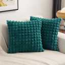 FUTEI Teal Decorative Throw Pillow Covers 18x18 Inch Set of 2, Square Cushion Case, Fluffy Faux Rabbit Fur Plaid & Soft Velvet Back, Modern Home Decor for Couch Bed