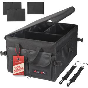 ALLAY Trunk Organizer for Car with Lid  Foldable SUV Trunk Organizer  Multi-Compartment Car Box and Storage  800D Oxford Truck Bed Shelf with Securing Straps, Non-Slip Bottom 65L