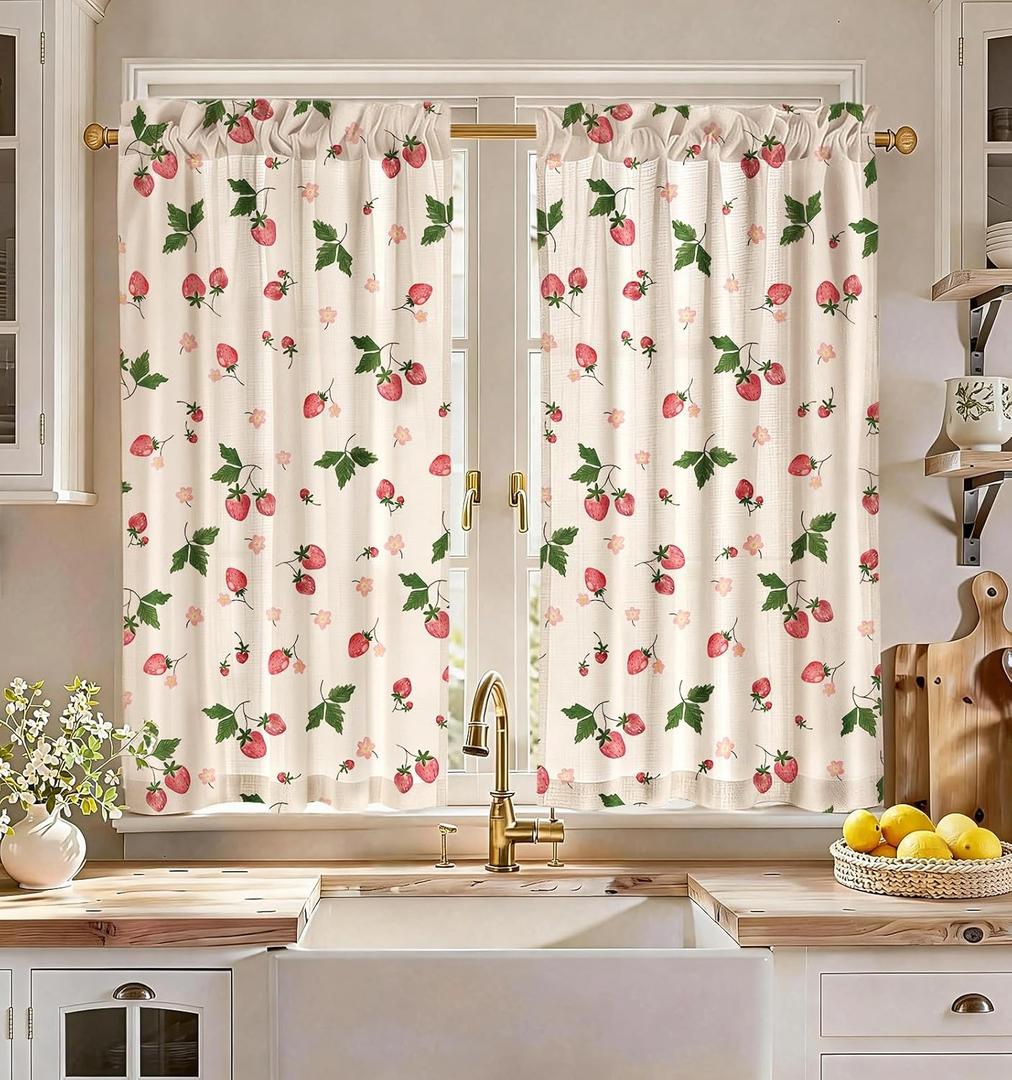 Miss Adola Farmhouse Kitchen Curtains - 45 Inch Length Linen Blend Strawberry Kitchen Window Tier Curtains Cafe Drapes Rod Pocket for Windows Light Filtering, 2 Panels