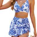 Blooming Jelly Women's High Waisted Bikini Sets Tummy Control Swim Skirt Two Piece Swim Suit 2025 Retro Swimsuit (Large, Blue Floral)