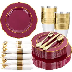 Liacere 175PCS Red Plastic Plates - Disposable Burgundy Red and Gold - 25 Guest Baroque Plastic Dinnerware Include 50Plates, 25Pack Pre Rolled Napkins with Silverware 25 Cups for Christmas