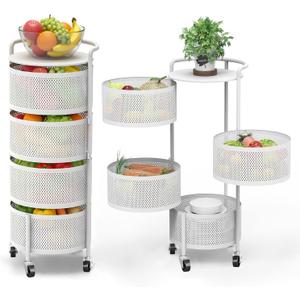 JAQ No Assembly Integrated Rotating Storage Cart, 4-Tier Rolling Storage Cart with Wheels, Solid Carbon Steel Onion Potato Storage, Kitchen Storage Cart, Vegetable Storage Cart, White, 13.19 x 29.52 x 13.5 inches