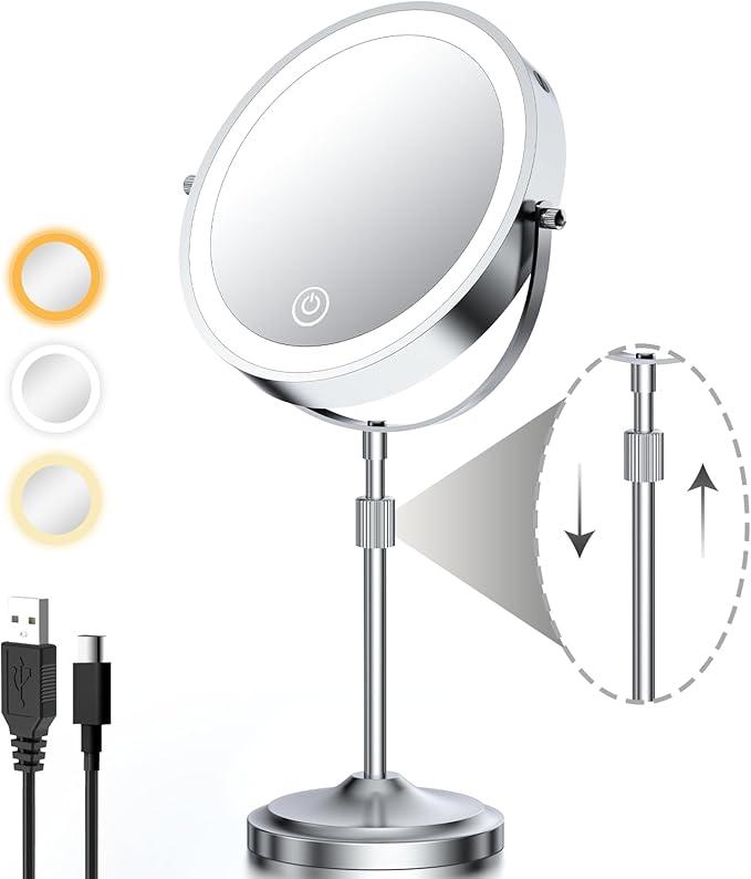 9" Lighted Makeup Mirror with 1X 10x Magnification, 5000mAh Rechargeable Magnifying Vanity mirror with lights, 3 Lighting Color, Dimmable and Height Adjustable Cordless Cosmetic Mirror (10X Chrome)
