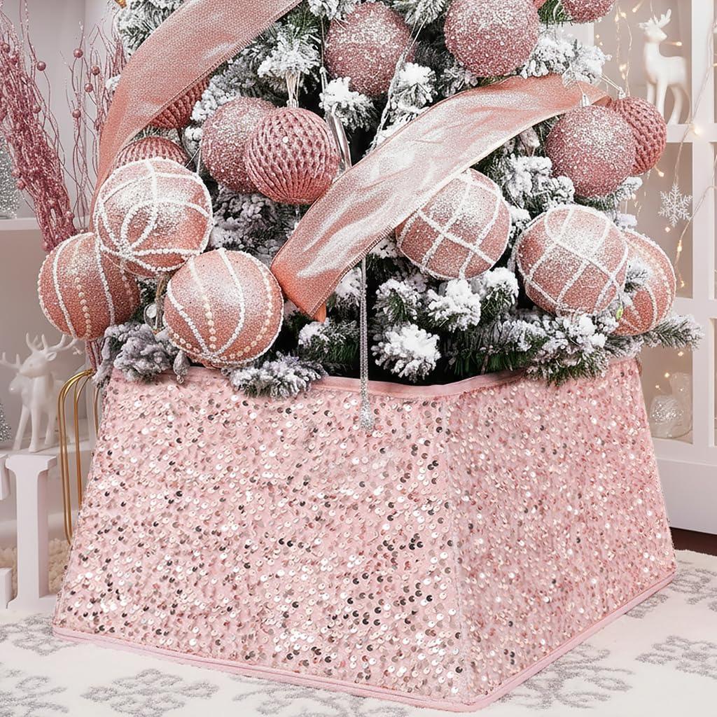 XmasExp Christmas Tree Collar 24 inch Sequin Tree Skirt for Christmas Holiday Home Decor Xmas Tree Ring Stand Base Cover Small Size 4 Piece Rose Gold