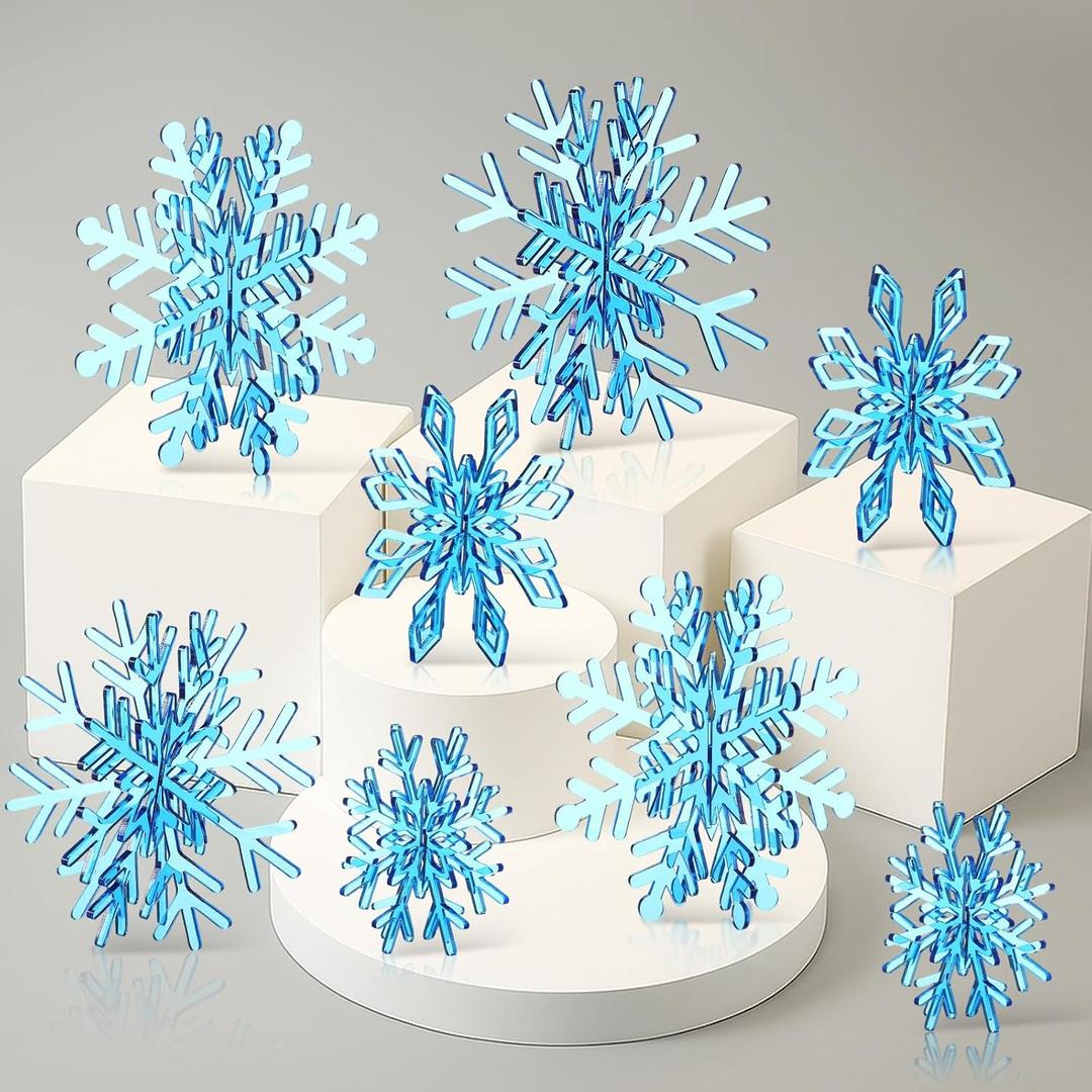 Yousoontic Set of 8 Winter 3D Acrylic Snowflake 16 Pcs Acrylic Snowflake Table Decorations Tabletop Centerpiece for Winter Party Wedding New Year (Blue)