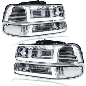 LED DRL Headlights Assembly for 1999-2002 Chevy Silverado 1500 2500 1500HD 2500HD 3500 2000-2006 Suburban Tahoe Headlamp Clear Reflector Chrome Housing
