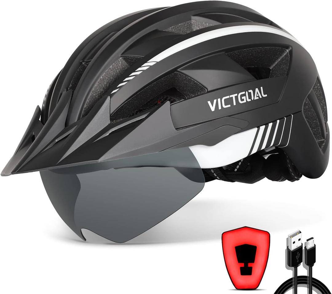 VICTGOAL Bike Helmet with USB Rechargeable Rear Light Detachable Magnetic Goggles Removable Sun Visor Mountain & Road Bicycle Helmets for Men Women Adult Cycling Helmets (M: 54-58 cm, Black White)