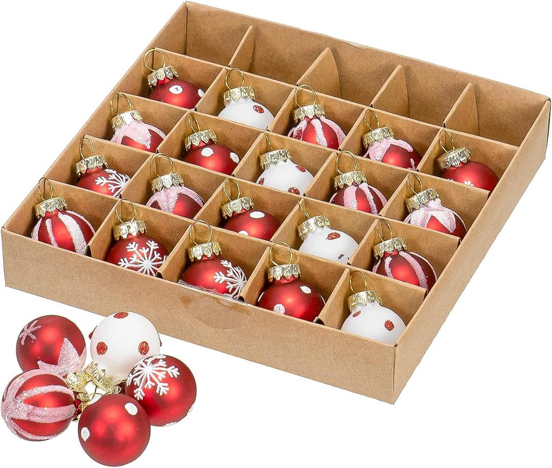Red Co. Set of 25 Assorted Glittered Glass 1 Round Christmas Tree Mini Ball Ornaments, Red