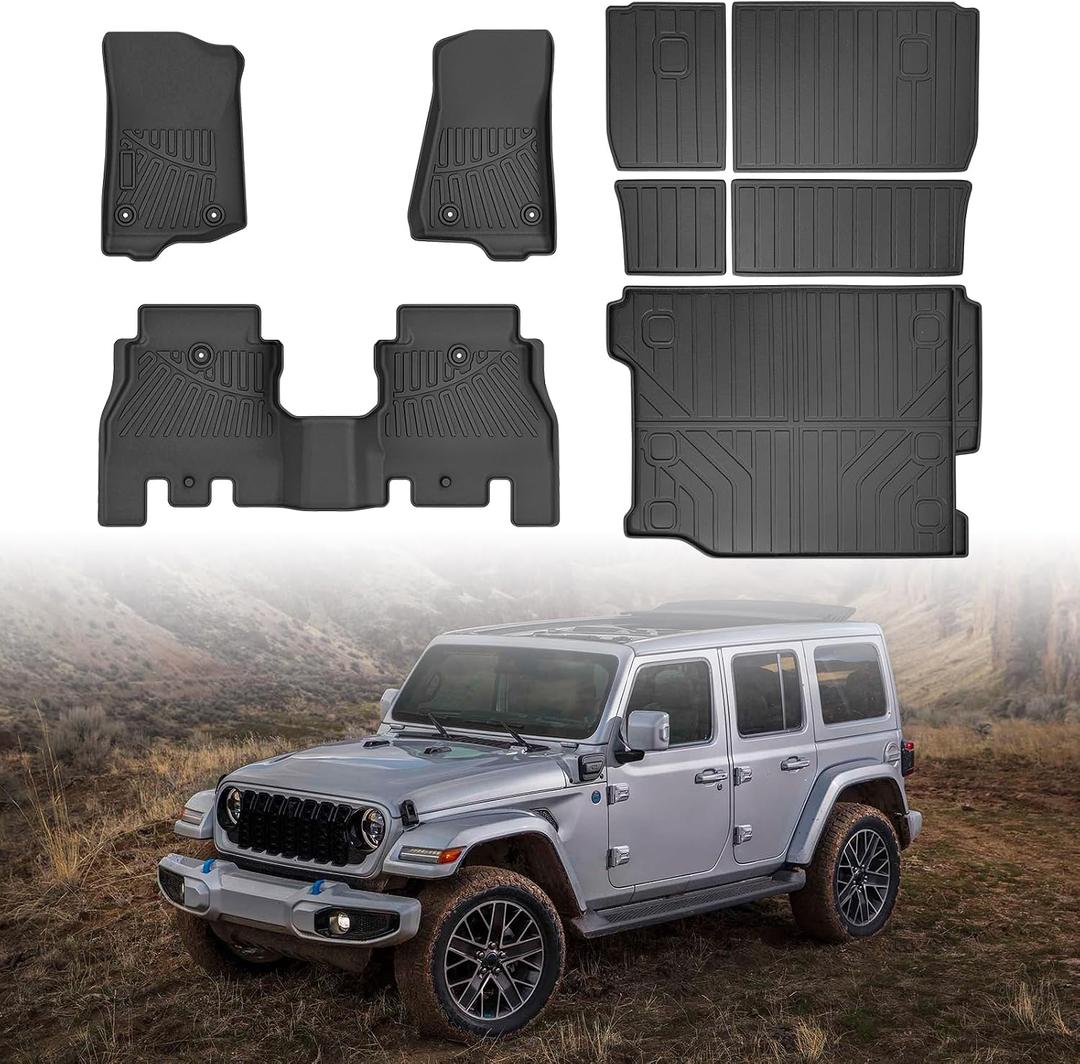 Floor Mats & Cargo Liner for 2018-2025 Jeep Wrangler JL Unlimited 4X4 4 Door Accessories Backrest Mat 2 Row Liner Set All Weather TPE 3D Cargo Mat for Wrangler JL Accessories 6PCS(Not for 4XE)