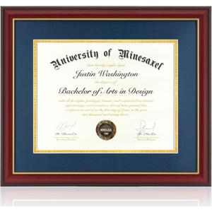 Diploma Frame 14x17 with Blue Mat Fits Document, Certificate or 16x20 Picture without Mat, 17x14 Cherry Red Frame for Wall Mounting