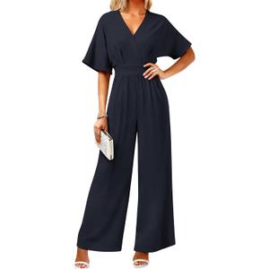 Women's One Piece Jumpsuits Dressy Casual V-Neck Batwing Short Sleeve Wide Leg Elegant Ladies Jumpsuit Rompers (X-Large)