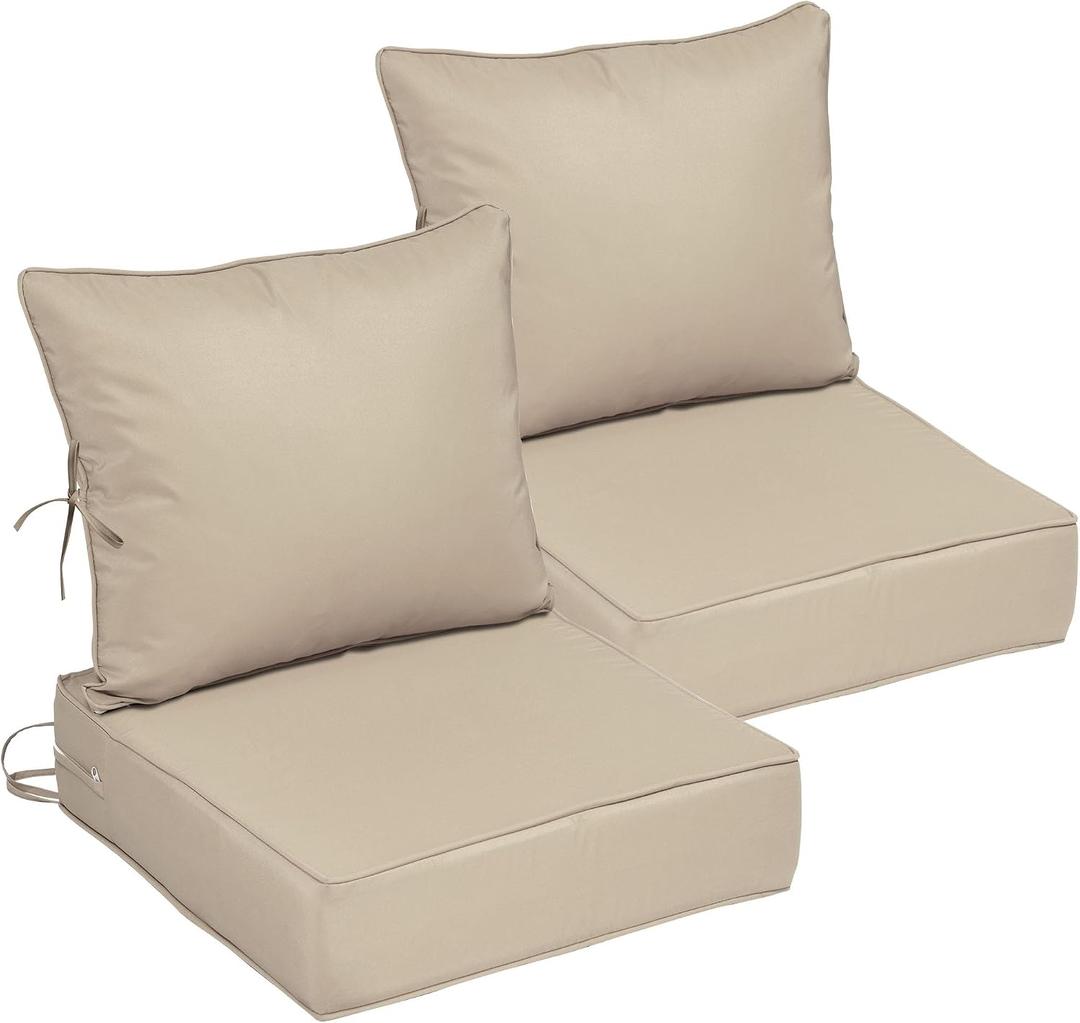22x22 Outdoor Chair Cushions Set of 2, Waterproof Deep Seat Cushions for Patio Furniture with Removable Cover, Fade Resistant 4'' Outdoor Seat Cushion with Ties Handle for Wicker Sofa Couch, Khaki