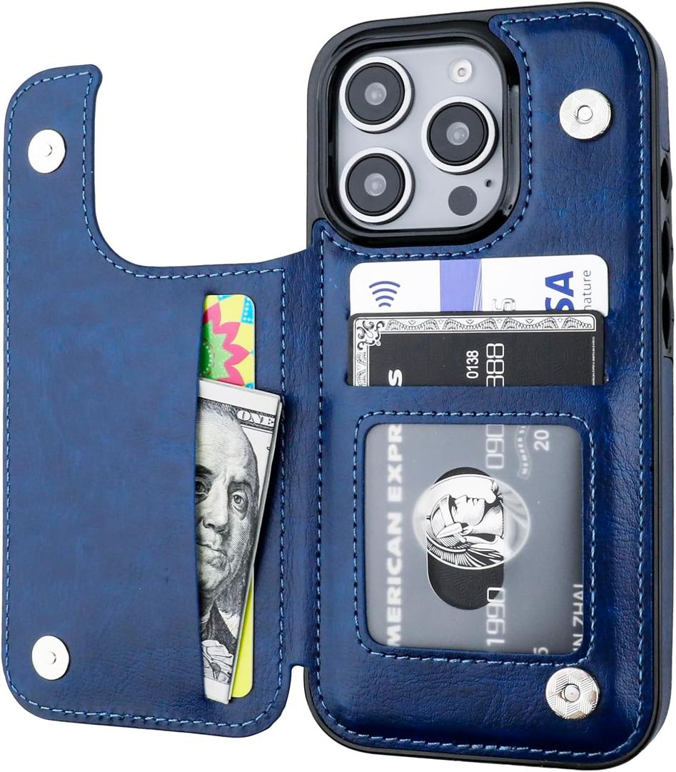 ONETOP Compatible with iPhone 16 Pro Wallet Case with Card Holder, PU Leather Kickstand Card Slots Case, Double Magnetic Clasp and Durable Shockproof Cover 6.3 Inch (Blue)