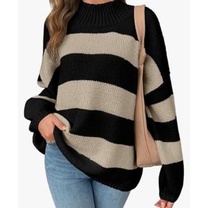 Striped Sweater for Women Fall Winter Mock Neck Long Sleeve Oversized Chunky Knit Casual Trendy Pullover Tops Large