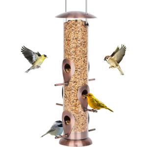 FEED GARDEN Metal Bird Feeder - 6 Port Tube Feeder for Outdoors, Heavy Duty Squirrel Proof with Metal Lid, Easy Fill & Clean, Weather Resistant Copper Finish, 13 Inch