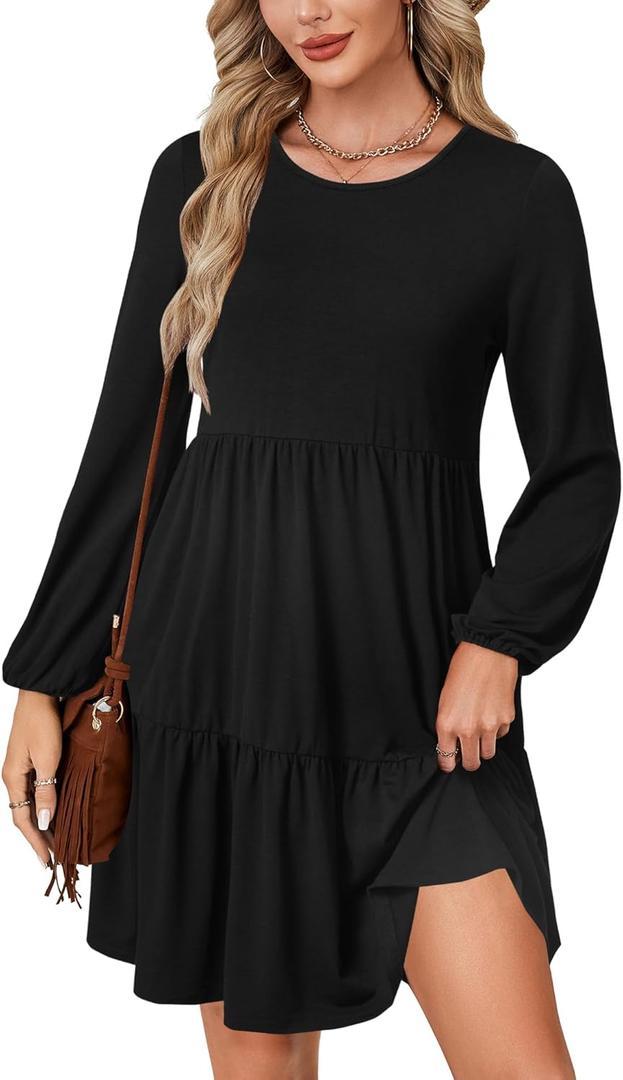 LYANER Women's Long Sleeve Crewneck Ruffle Hem Tunic Dress High Waist Ruffle A Line Tiered Mini Dresses (Black, L)