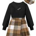 Girls Clothes Skirt Sets Clothes for Girls 12-14 Crossover V-neck Jacquard Puff Sleeve Black Shirts Top + Brown Plaid Mini Skirt Shorts Beret 2 Pieces Fall Winter Warm Outfits for Teens