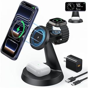 3 in 1 Magnetic Charging Station for Apple Devices, 15W Fast Wireless Charger Compatible with MagSafe Charging Stand Dock for iPhone 17 16 15 14 13 12, Watch Charger Stand for Apple Watch & Earbuds
