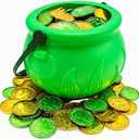 4E's Novelty 5 Inch St Patricks Day Pot of Gold Decorations with 100 Lucky Coins - Green Pot of Gold Cauldron Plastic Bucket for Leprechaun Decorations, Green & Gold Coins Plastic