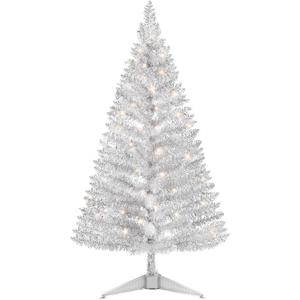 4ft Lighted Silver Artificial Christmas Tree with Lights, Snowy Artificial Xmas Tree, Not Pre-lit Small Xmas Pine Tree for Home Office Party Decor (Sliver)