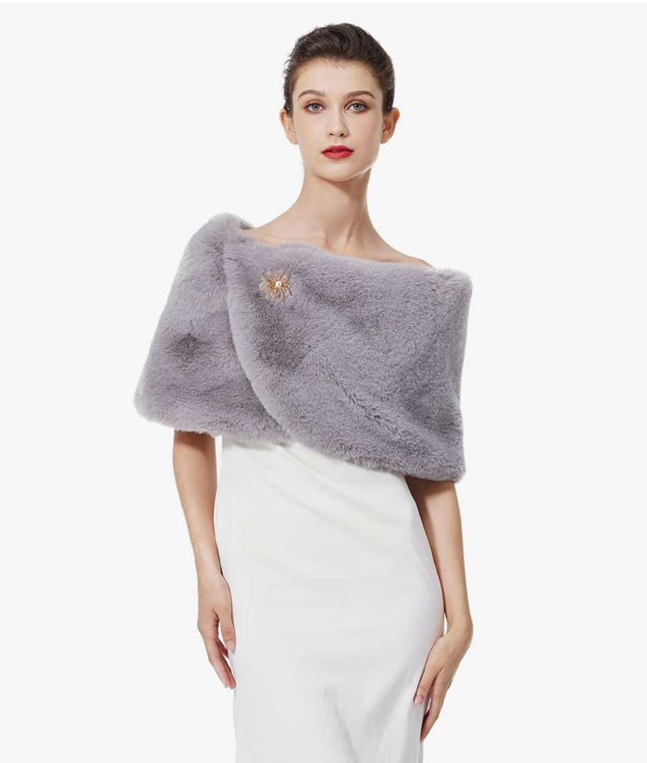 Women Faux Fur Shawl Shrug Bridal Stole Wrap for Winter Wedding Party